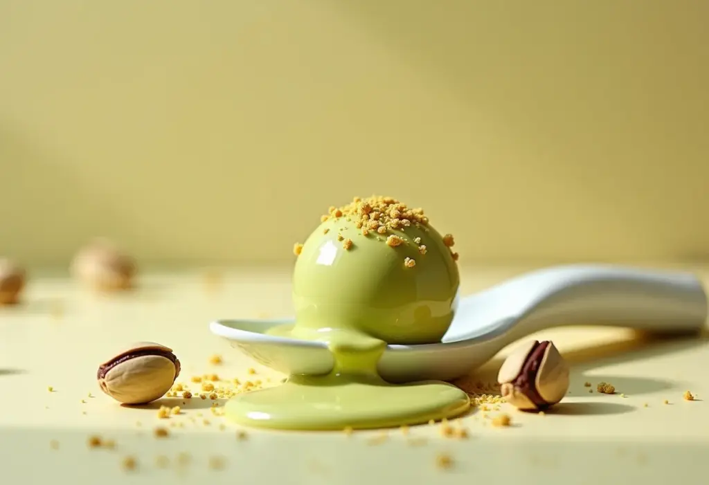 Brigadeiro de pistache cremoso em colher de porcelana.