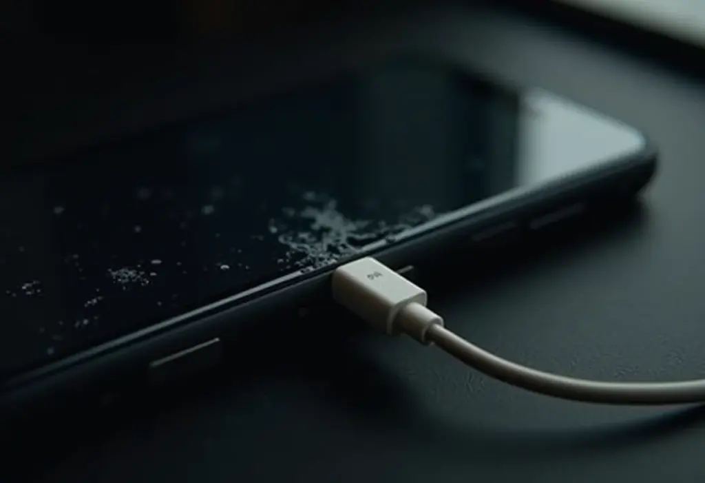 Cabo de celular paralelo danificado conectado a um smartphone.