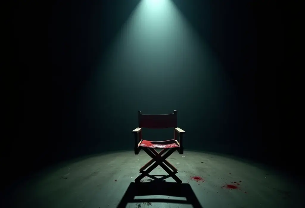 Cadeira de diretor manchada de sangue em um teatro abandonado, representando o renascimento dos filmes slasher modernos.