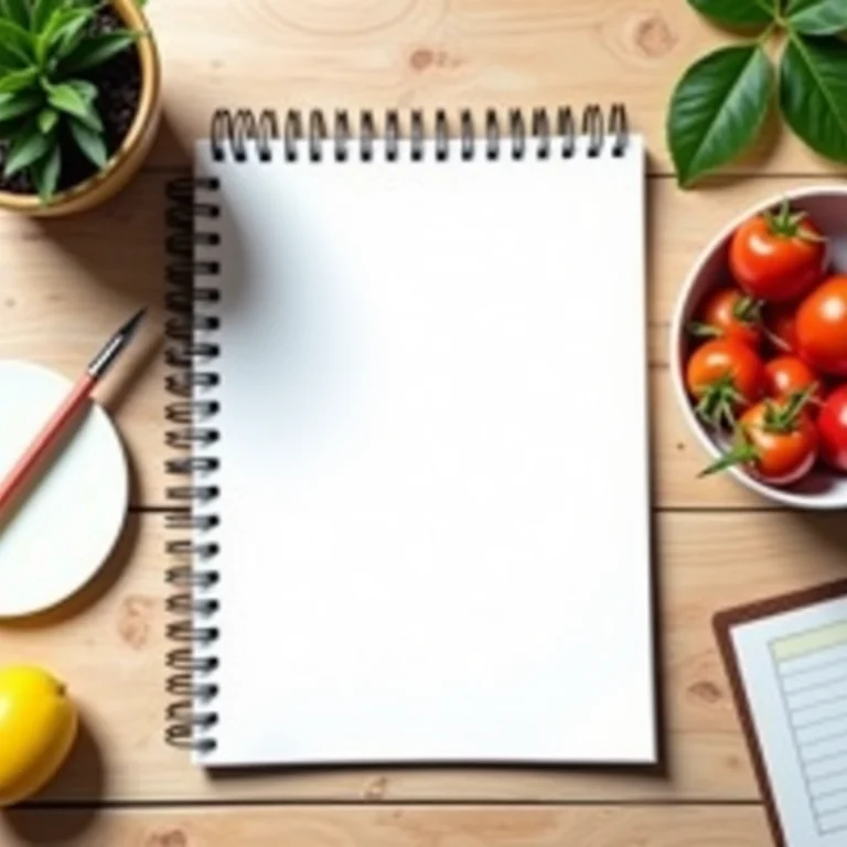 Caderno com dicas para gerenciar franquia de alimentação, com materiais de escritório e lanche saudável