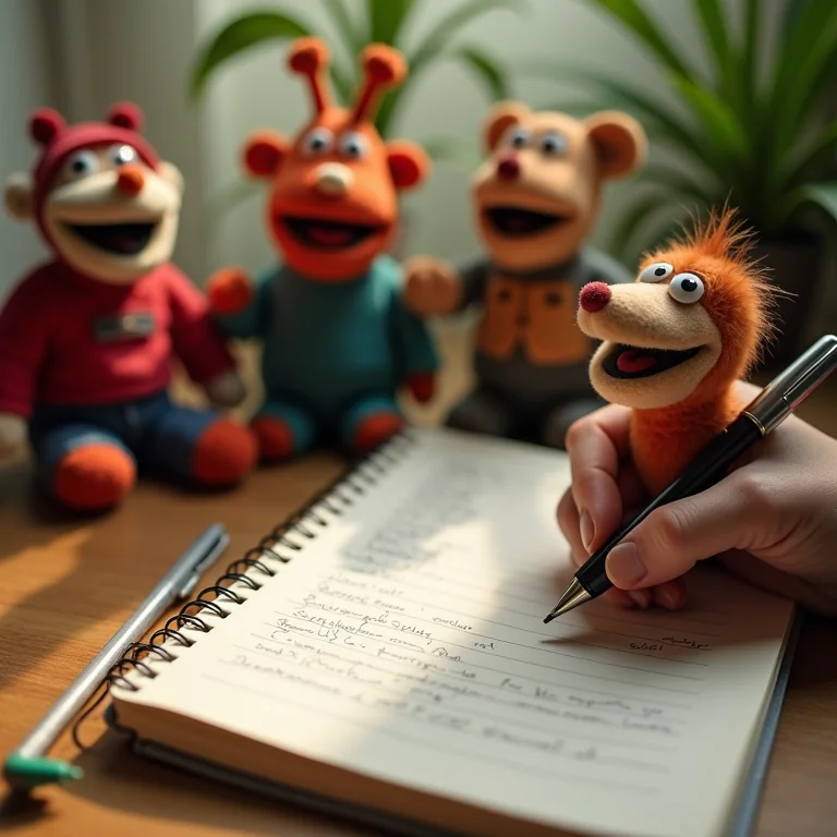 Caderno com ideias de roteiro e fantoches artesanais.