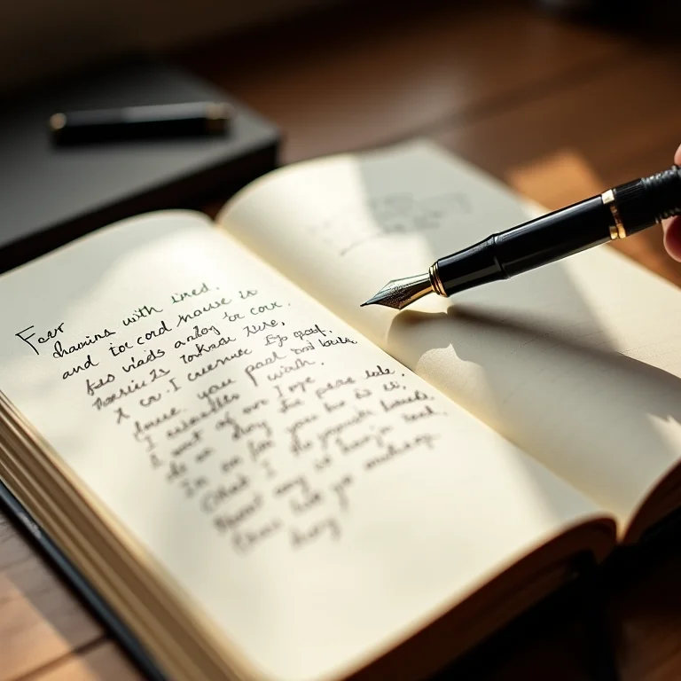 Caderno com poesia escrita à mão e caneta tinteiro