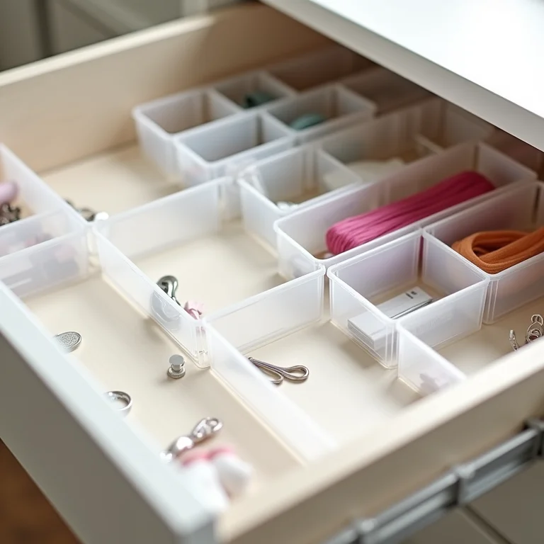 Caixas e divisórias organizando materiais de costura