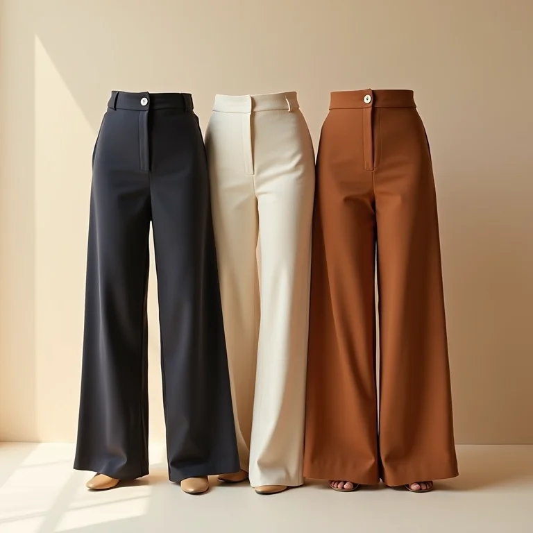 Calças de cintura alta em diferentes cores e tecidos, modelando o corpo.