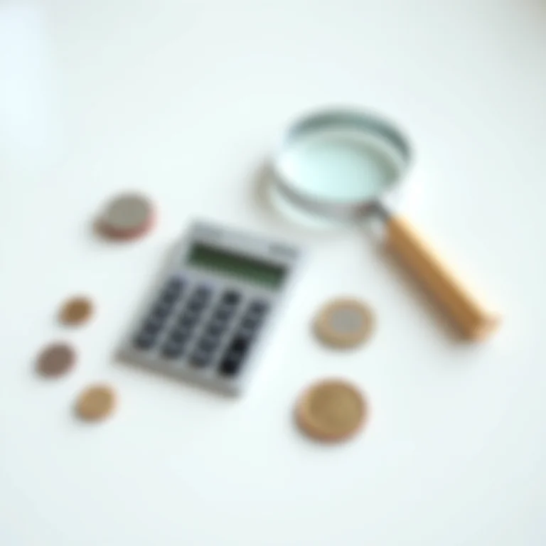 Calculadora, moedas e lupa representando o CET