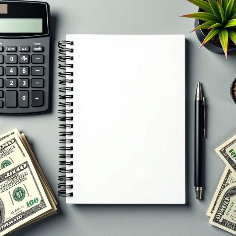 Calculadora, notebook com planos financeiros e caneta em flat lay