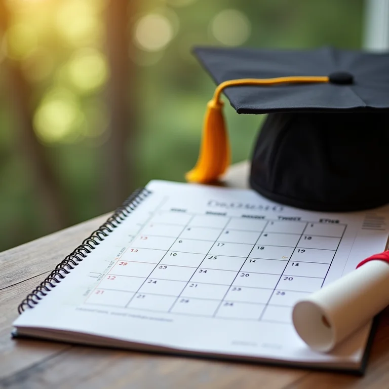 Calendário acadêmico com um capelo e diploma, representando a duração do curso e as exigências para conclusão em Educação Física