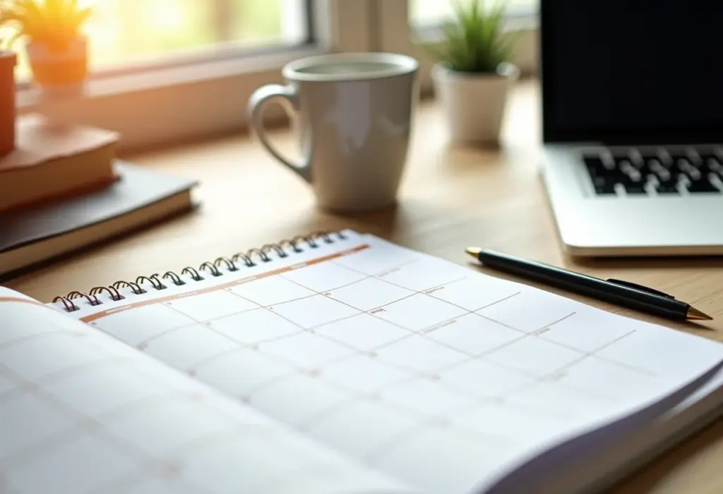 Calendário editorial organizado sobre mesa de trabalho