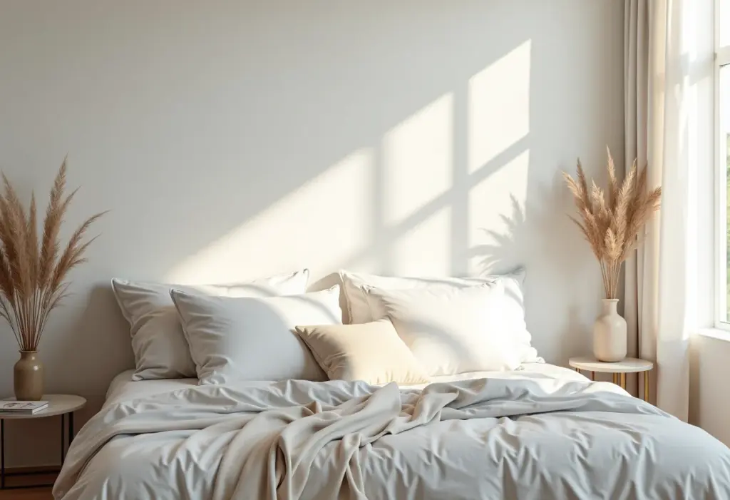 Cama arrumada com diversos travesseiros, luz natural suave