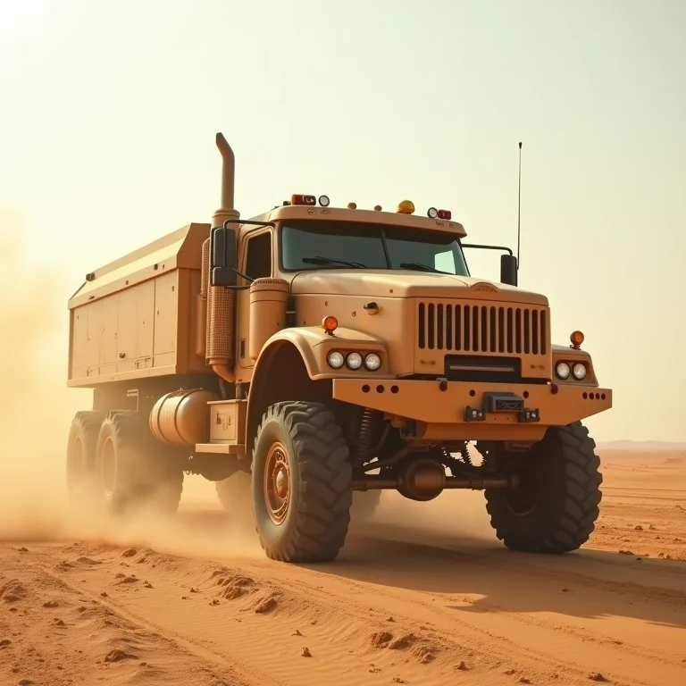 Caminhão de guerra no deserto, referência ao filme Mad Max: Estrada da Fúria