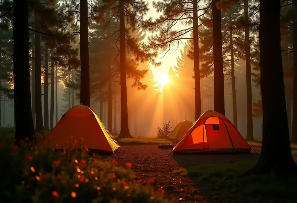 Campsite ao nascer do sol com tendas entre árvores