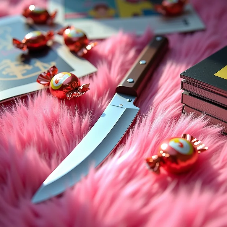 Canivete em um tapete felpudo rosa cercado por embalagens de doces, representando a mistura de terror e comédia em 'Freaky'.
