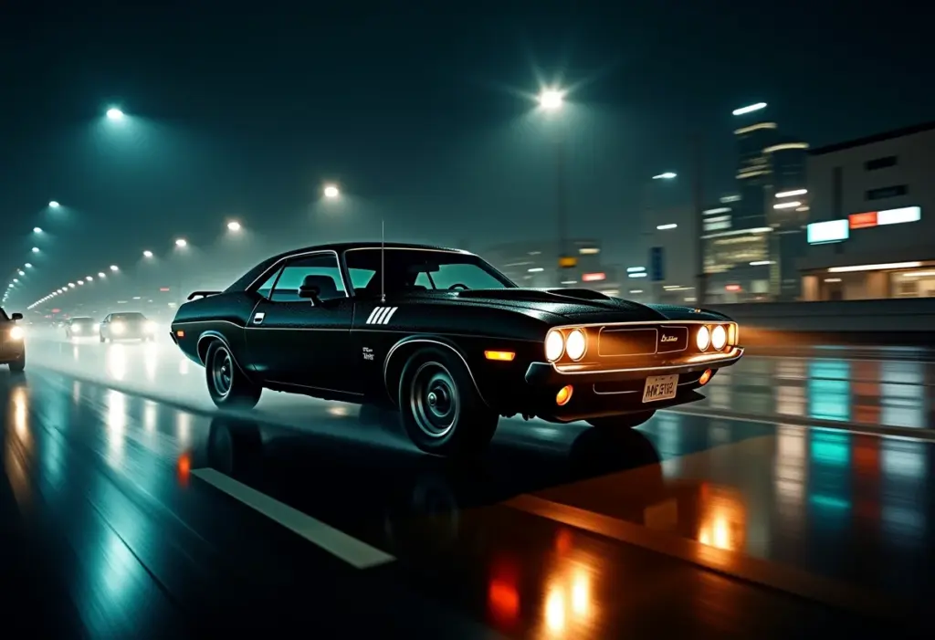 Carro clássico em alta velocidade em cena de filme de ação