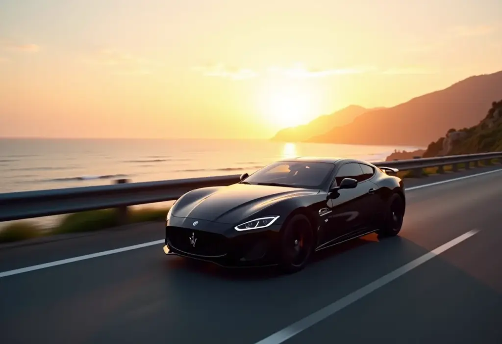 Carro esportivo moderno em alta velocidade em uma estrada costeira ao pôr do sol