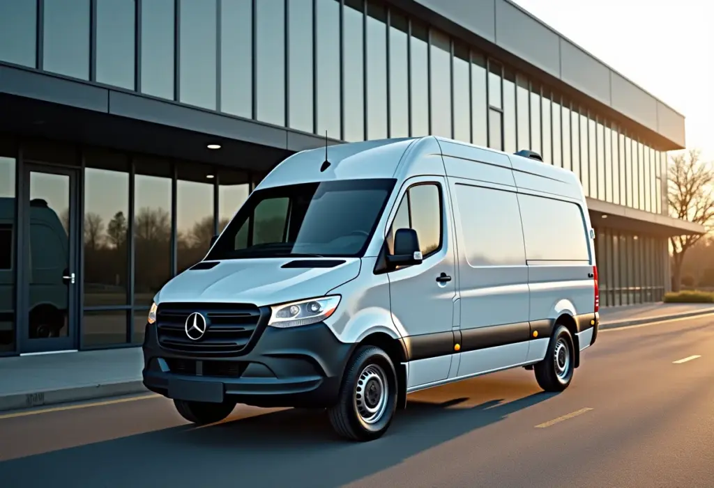 Carro forte estacionado em frente a prédio comercial moderno