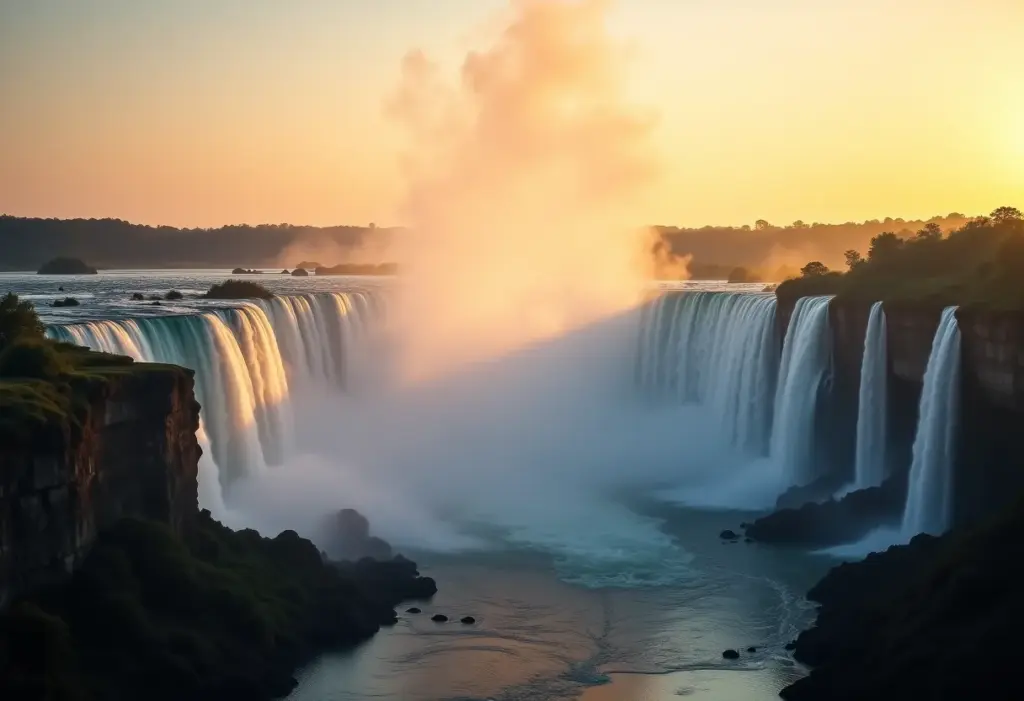 Cataratas do Iguaçu ao pôr do sol com névoa criando um ambiente mágico