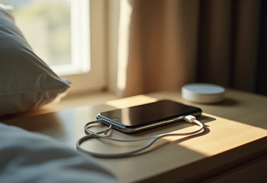 Celular carregando na mesa de cabeceira
