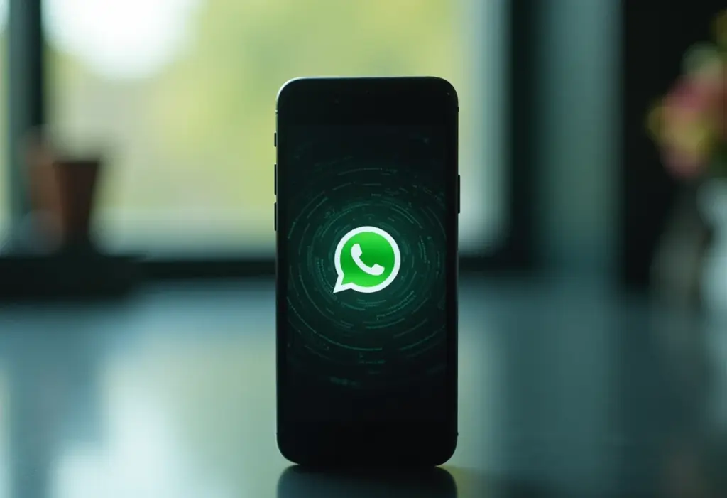 Celular com WhatsApp protegido por senha complexa.