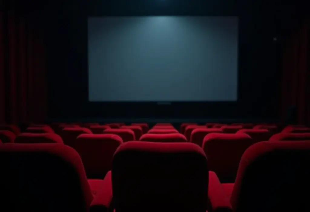 Cena de um cinema vazio com uma poltrona vermelha, representando filmes de terror com serial killers.
