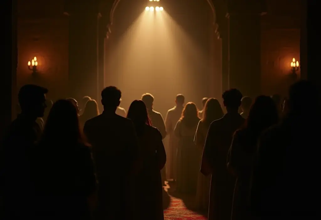 Cena dramática com figuras em oração em ambiente bíblico.