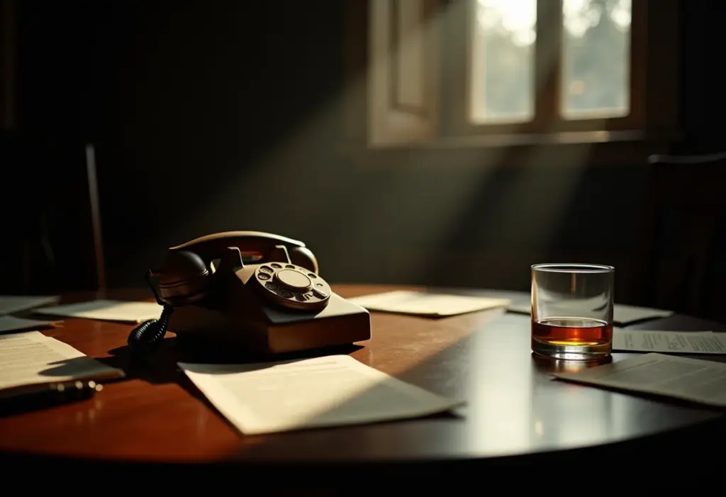 Cenário de espionagem com telefone antigo e documentos confidenciais