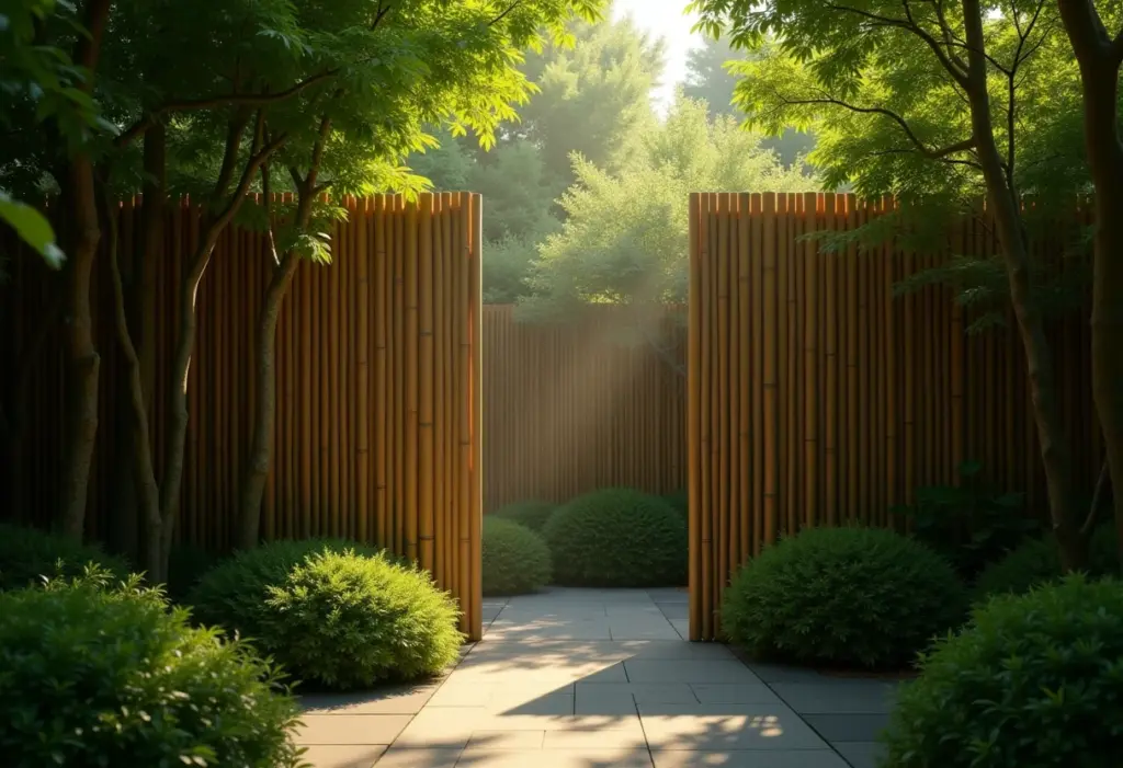 Cerca de bambu em jardim minimalista.