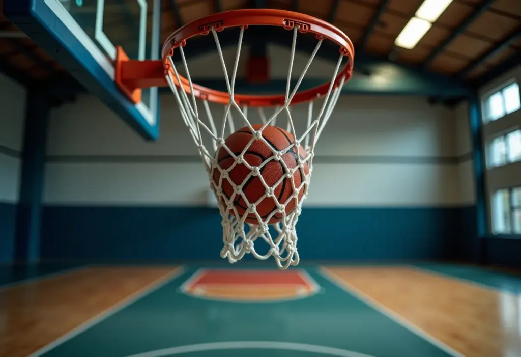Cesta de basquete com a bola passando pelo aro