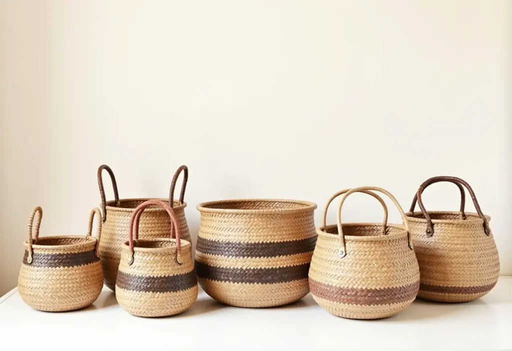 Cestos de jornal artesanais em diversos tamanhos e padrões.