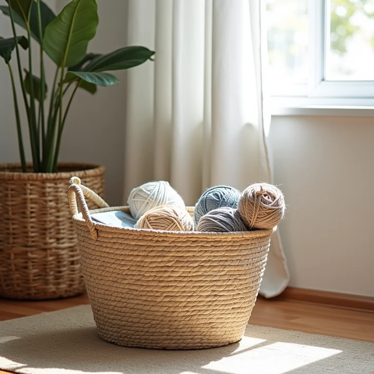 Cestos de jornal organizando diferentes objetos em casa.