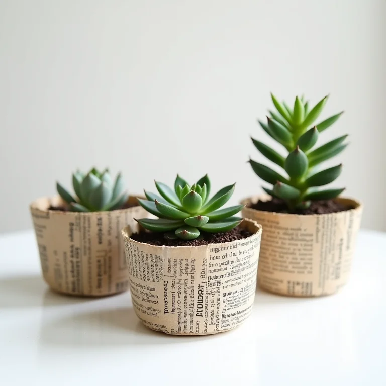 Cestos de jornal reutilizados como vasos de plantas.