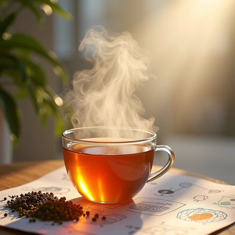 Chá de ervas e diagramas científicos sobre relaxamento mental.