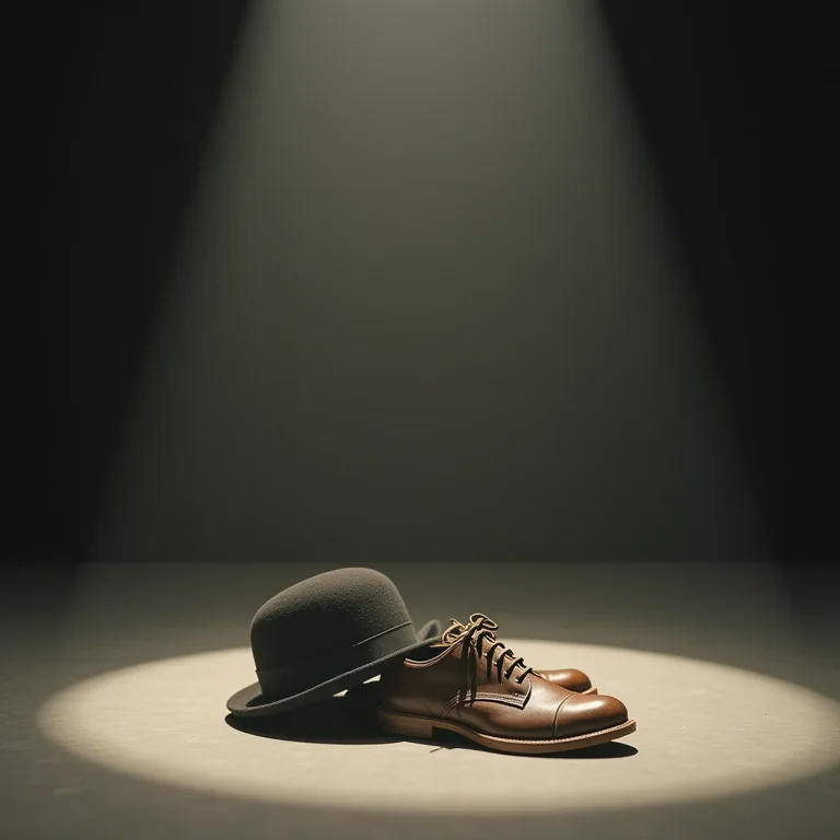 Chapéu coco e sapatos desgastados em um palco minimalista.