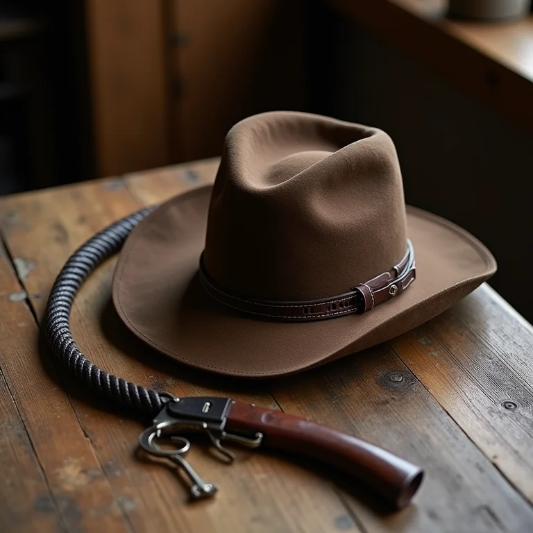 Chapéu e chicote de Indiana Jones em mesa de madeira