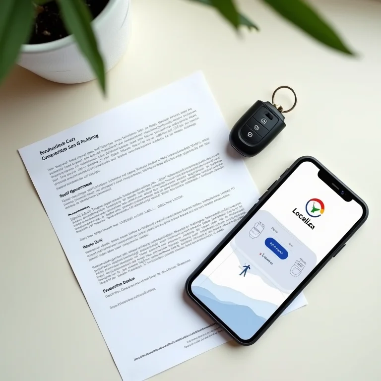 Chave de carro sobre contrato de aluguel e smartphone com app Localiza.