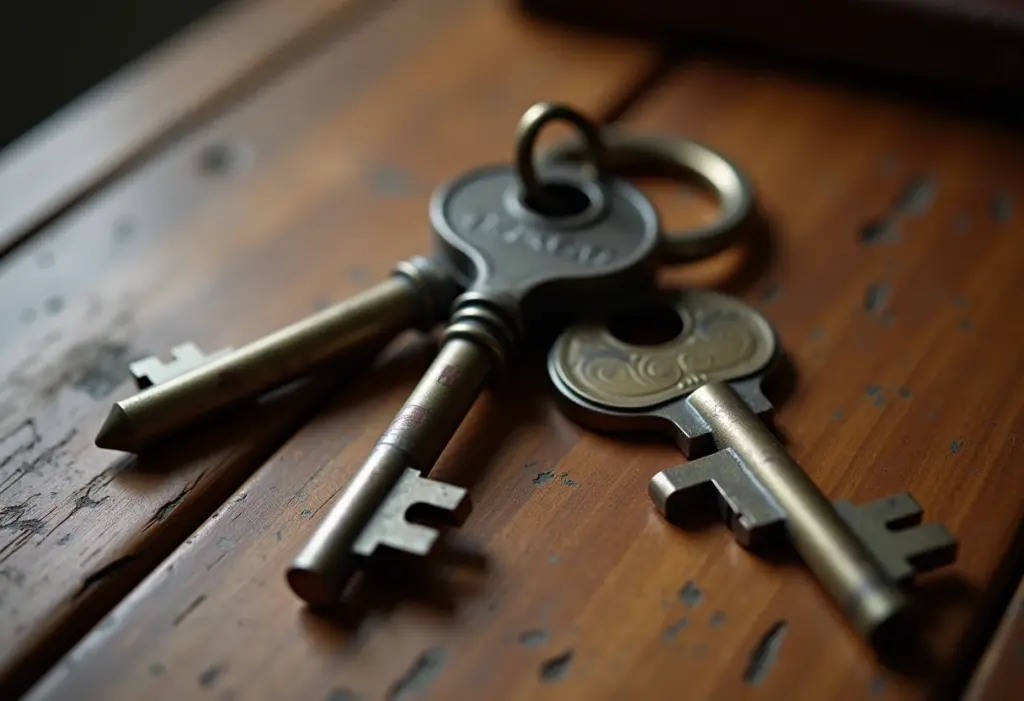 Chaves antigas organizadas em uma mesa de madeira