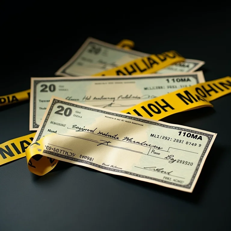 Cheques falsos com fita de advertência, simbolizando golpes financeiros