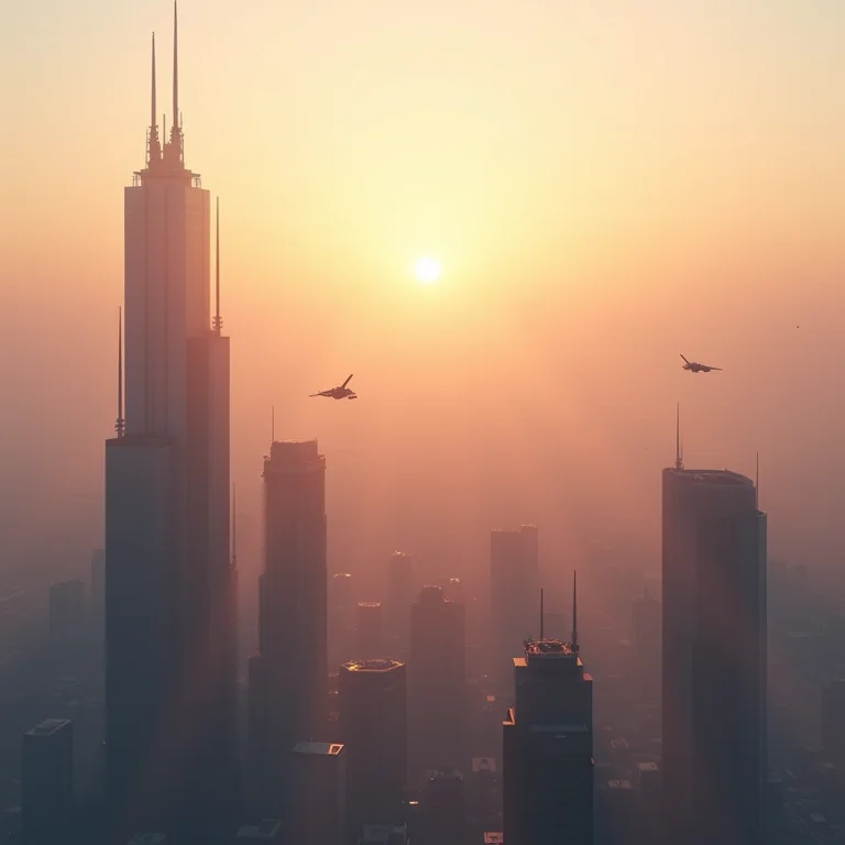 Cidade futurística com arranha-céus e veículos voadores ao pôr do sol