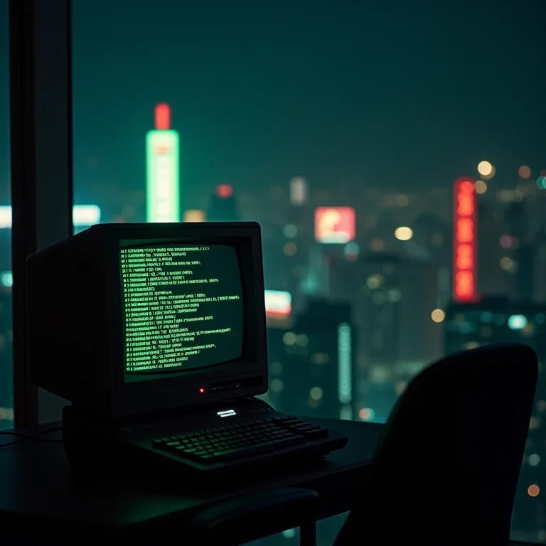 Cidade noturna com neon e terminal de computador antigo
