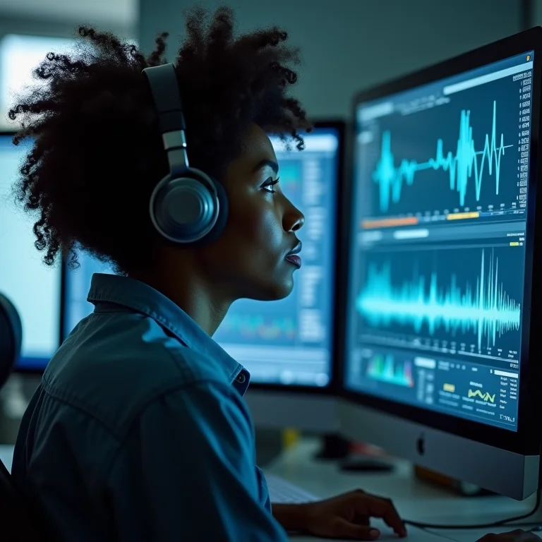 Cientista negra analisando dados sobre música e comportamento.