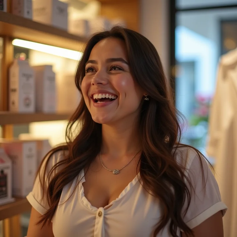 Cliente satisfeita com promoção em loja.