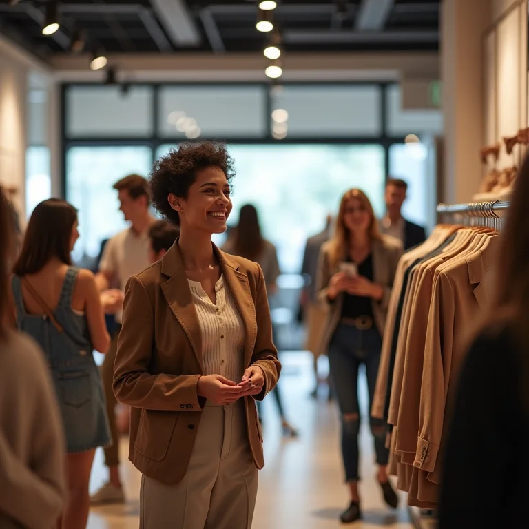 Clientes satisfeitos comprando em loja com música ambiente de sucesso.