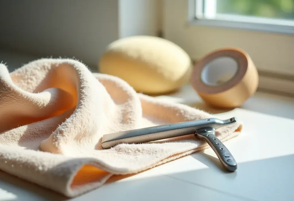 Close-up de tecidos com bolinhas e ferramentas para removê-las.