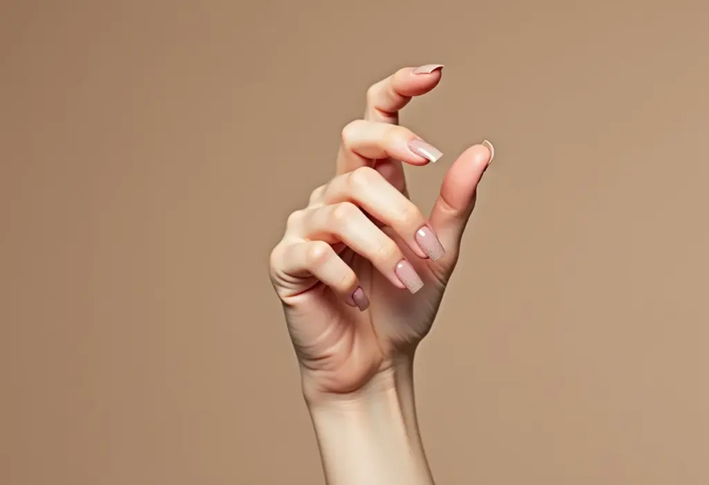 Close-up de unhas baby boomer delicadas.