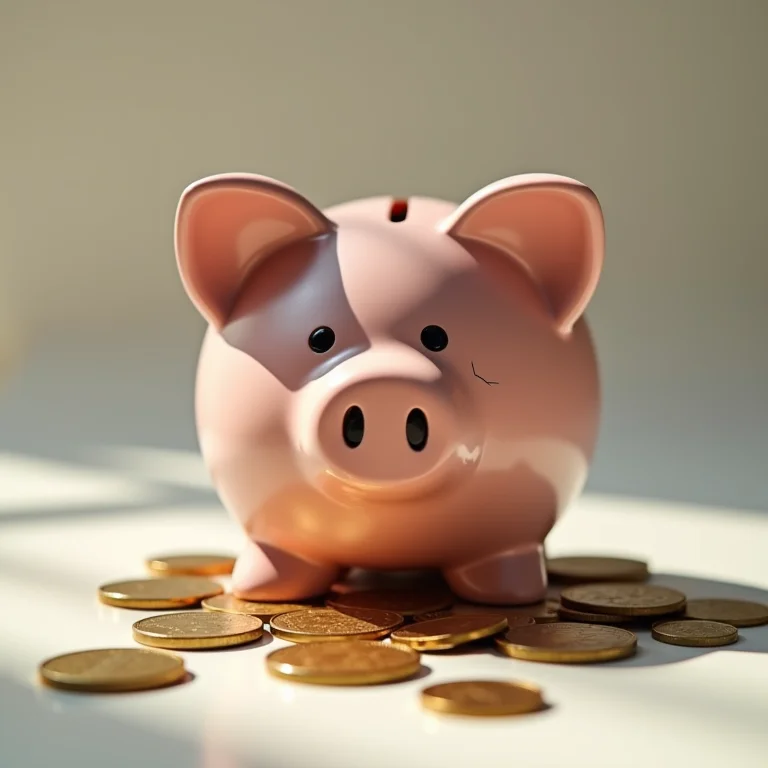 Cofrinho quebrado com moedas espalhadas.