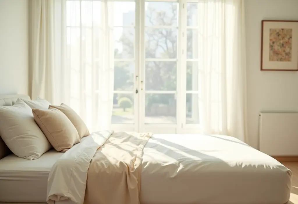 Colchão levemente encardido em quarto minimalista