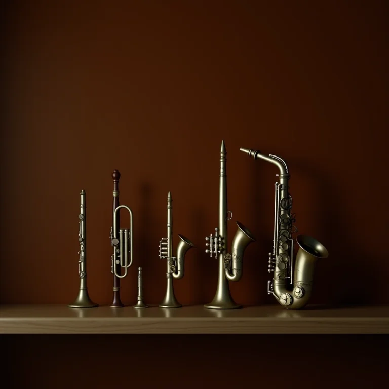 Coleção de instrumentos de sopro vintage em prateleira de madeira