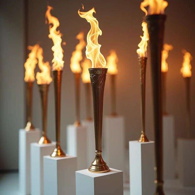Coleção de tochas olímpicas de diferentes edições dos jogos.