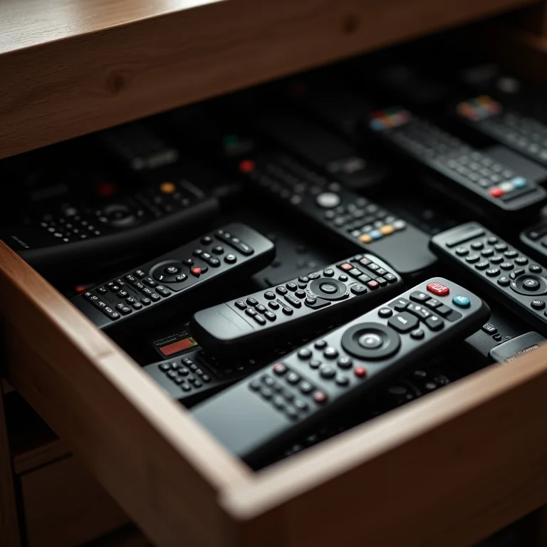 Comparativo de gaveta de controles bagunçada e organizada com divisórias.