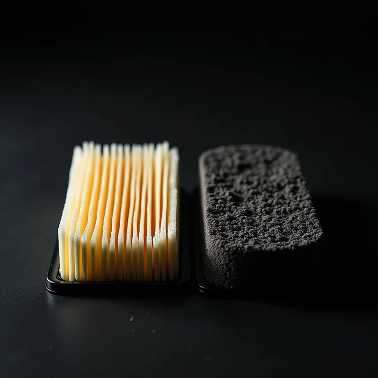 Comparativo entre um filtro de ar condicionado novo e um filtro sujo, destacando a importância da troca regular.