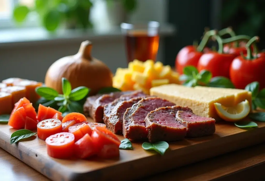 Composição de diversos alimentos gourmet sobre mesa de madeira